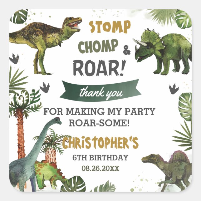 Coole Dinosaurier Jurassic Boy Birthday Party Gefa Quadratischer Aufkleber (Vorderseite)