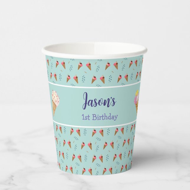 Coole Eiscreme Cone Pastel Green Kids Boy Geburtst Pappbecher (Links)