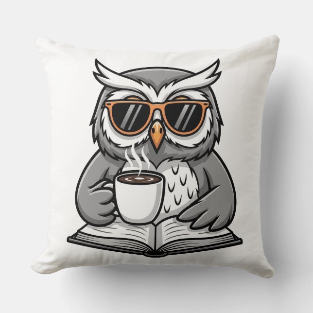 Coole Eule liest mit Kaffee Kissen (Vorderseite)