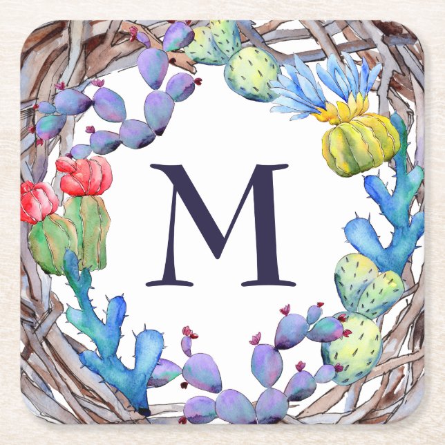 Coole Farbkaktus Monogramm Rechteckiger Pappuntersetzer (Vorderseite)