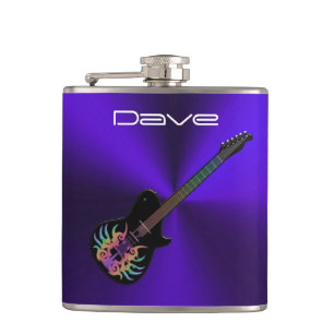 Coole Felsen-Gitarre auf lila Metallmusik-Flasche Flachmann