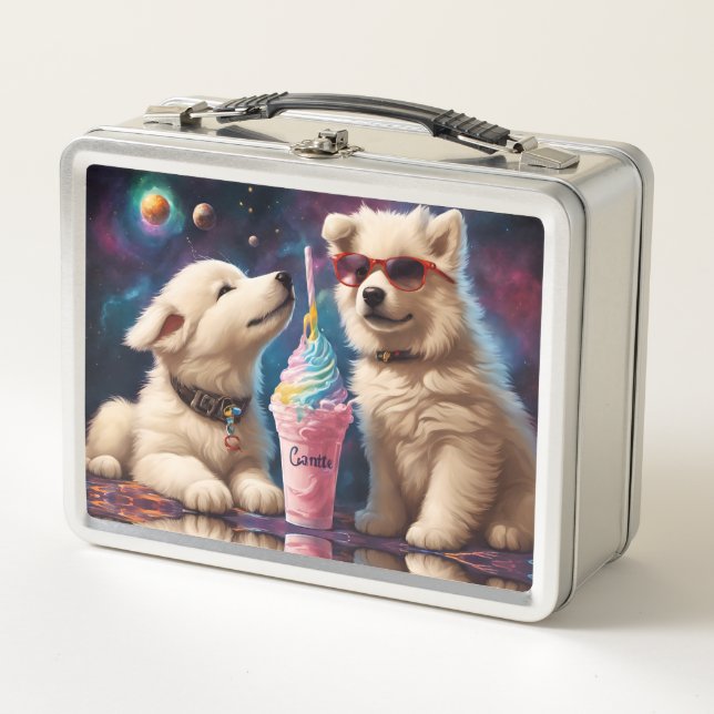Coole Fluffy Welpen-Planeten Milchshake Metall Brotdose (Vorderseite)