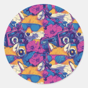 Coole Füchse mit Sonnenbrille, Kameras und Blume Runder Aufkleber