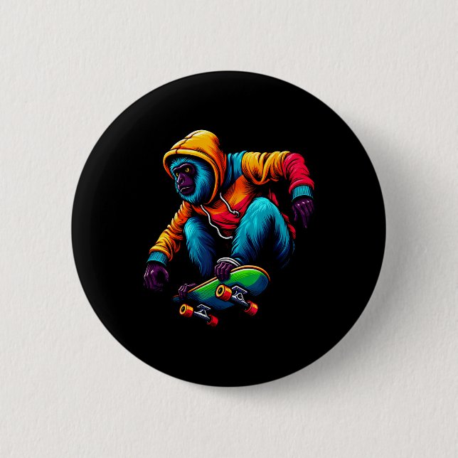 Coole funky Brüllaffen-Skateboarding-Illustration Button (Vorderseite)
