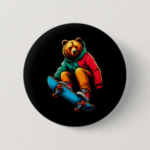 Coole funky Grizzlybär-Skateboarding-Illustration Button