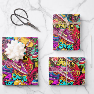 Coole gekachelte Muster-Comic-Graffiti-Teen  Geschenkpapier Set