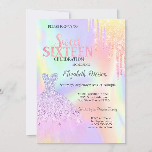 Coole Glitzer-Tropfen, Kleid Holographic Sweet 16 Einladung (Vorderseite)