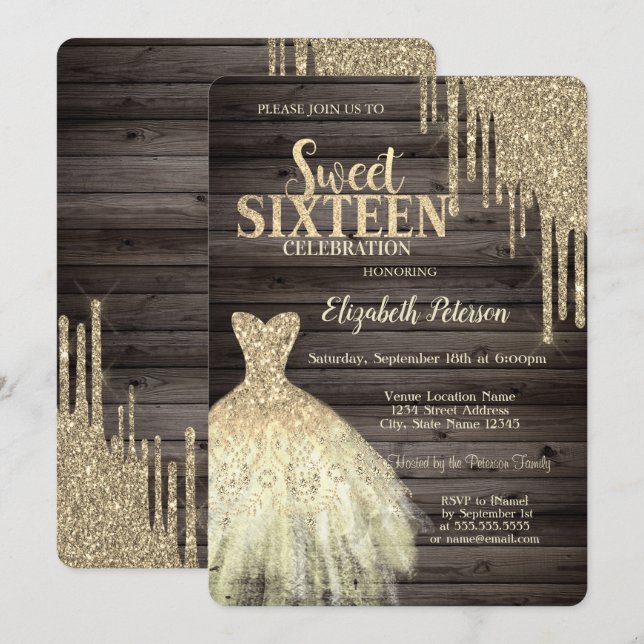 Coole Gold Glitzer Tropfen, Dress Wood Sweet 16 Einladung (Vorne/Hinten)
