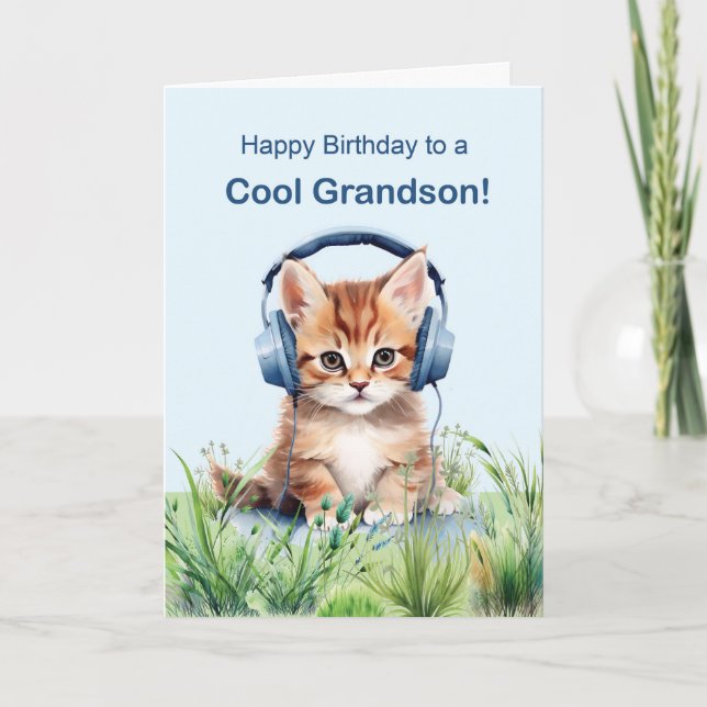 Coole Grandson Birthday Cat mit Kopfhörern Karte (Vorderseite)