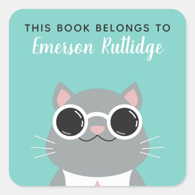 Coole graue Katze | Türkis Dieses Buch gehört Quadratischer Aufkleber (Vorderseite)