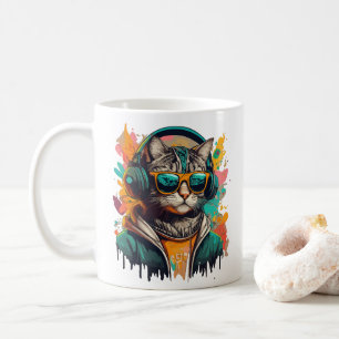 Coole Groovy Cat mit Kopfhörern Musik hören Kaffeetasse