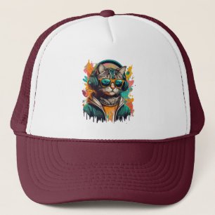 Coole Groovy-Katze mit Kopfhörern beim Musikhören Truckerkappe