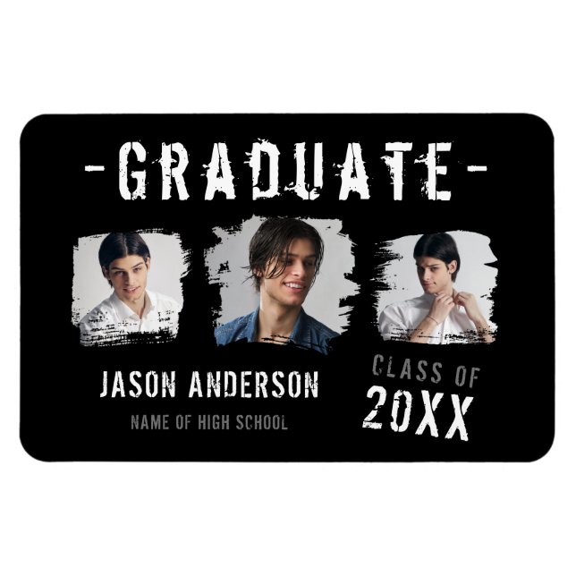 Coole Grunge Black 3 Foto Graduate Ankündigung Magnet (Horizontal)