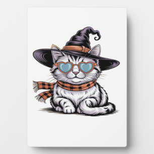 Coole Hexenkatze – Süße Halloween-Katze mit Herzbr Fotoplatte