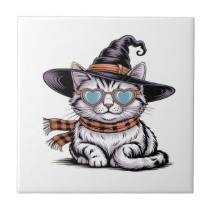 Coole Hexenkatze Süße Halloween-Katze mit Herzbri Fliese