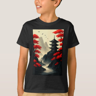 Coole japanische Pagoden-Burg-Berglandschaft Gra T-Shirt