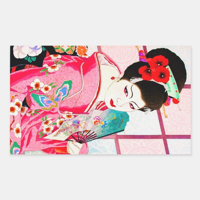 Coole japanische Schönheit Lady Geisha rosa Fanart Rechteckiger Aufkleber (Vorderseite)