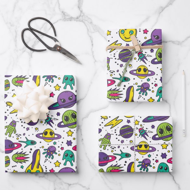 Coole Jungen Weltraum Liebhaber gekacheltes Party Geschenkpapier Set (Vorderseite)