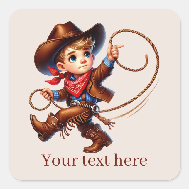 Coole Jungs Cowboy fügen Text hinzu Quadratischer Aufkleber (Vorderseite)