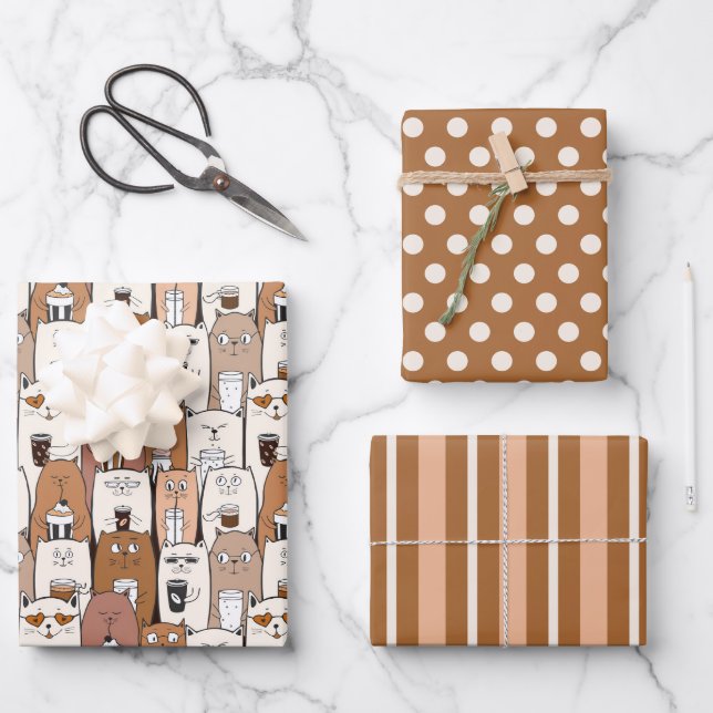 Coole Kaffeekatzen Packpapier Set 3 Geschenkpapier Set (Vorderseite)
