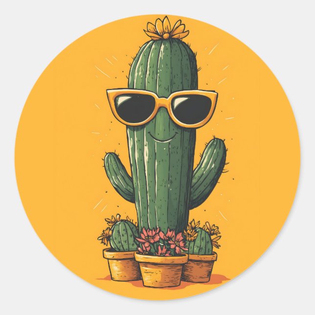 Coole Kaktus mit Sonnenbrille und Blume Runder Aufkleber (Vorderseite)
