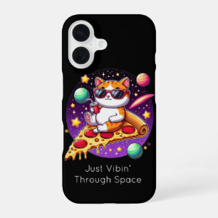 Coole Katze auf Pizza im Weltraum iPhone 16 Hülle