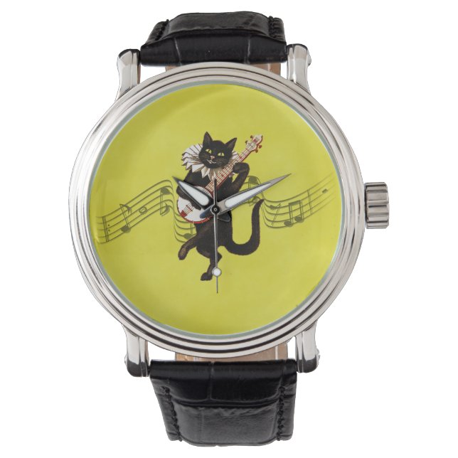 Coole Katze Banjo auf Gelb spielen Armbanduhr (Vorderseite)