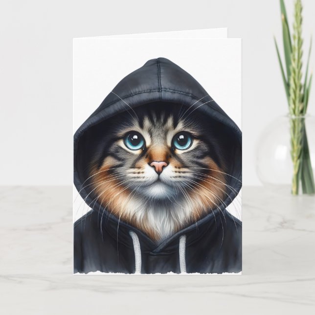 Coole Katze im Schwarzen Hoodie Blank Gruß Karte (Vorderseite)