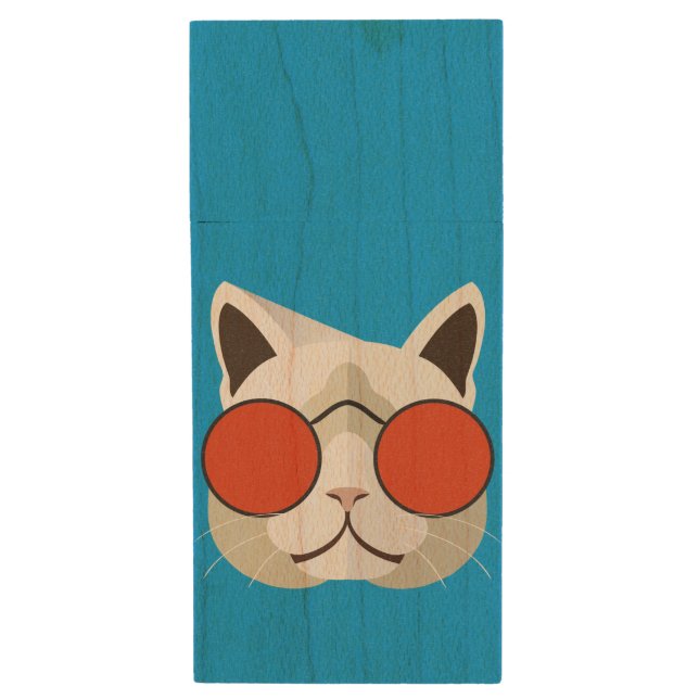 Coole Katze in Sonnenbrille Holz USB Stick (Vorderseite Vertikal)