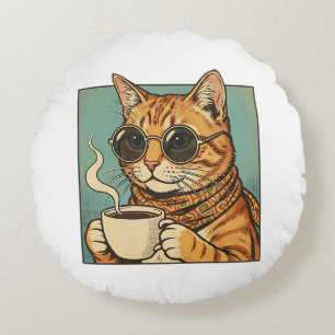 Coole Katze Kaffee Retro-Style-Design für Katzenli Rundes Kissen