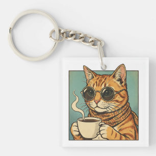 Coole Katze Kaffee Retro-Style-Design für Katzenli Schlüsselanhänger