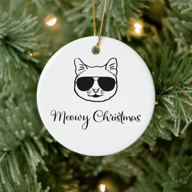 coole Katze "Meowy Christmas" in Shades Keramik Ornament (Baum)