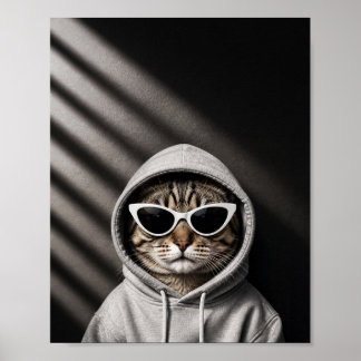 Coole Katze mit Kapuzenpullover und weißer Sonnenb Poster