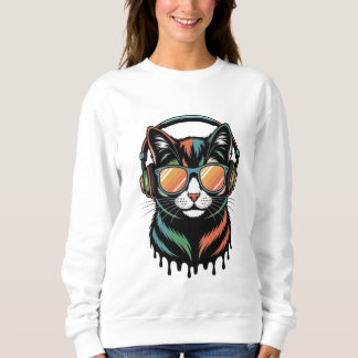 Coole Katze mit Kopfhörern und Sonnenbrille Sweatshirt