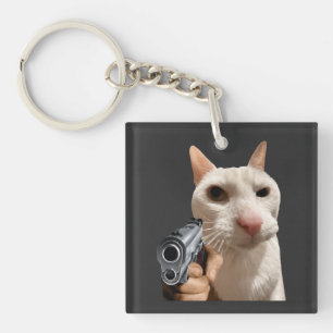 Coole Katze mit Pistole Lustiges Meme T-Shirt Schlüsselanhänger
