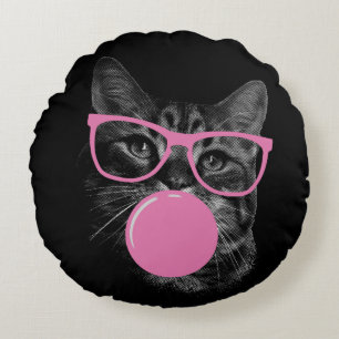 Coole Katze mit rosafarbener Brille und blühendem Rundes Kissen