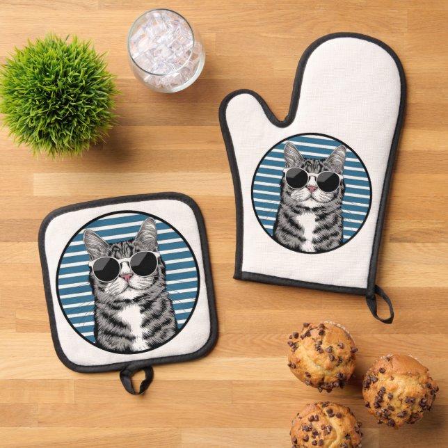 coole Katze mit Sonnenbrille Ofenhandschuh & Topflappen-Set (Oben Unten)