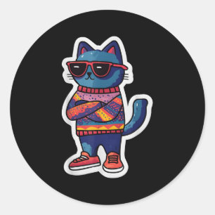 Coole Katze mit Sungles Retro-Style Funny Animal Runder Aufkleber