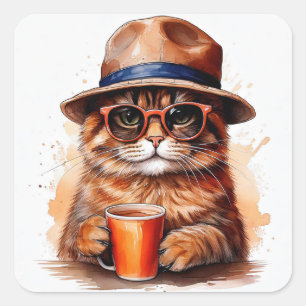 Coole Katze trinkt Kaffee Quadratische Aufkleber