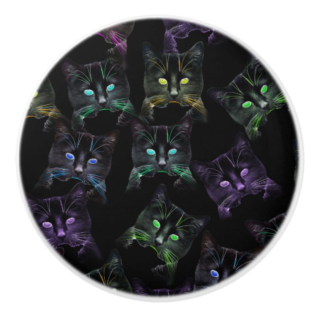 Coole Katzen auf Schwarz! Mehrfarbige Funky Cats. Keramikknauf (Vorderseite)