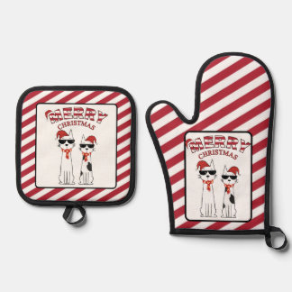 Coole Katzen gestreifte Frohe Weihnachten Ofenhandschuh & Topflappen-Set
