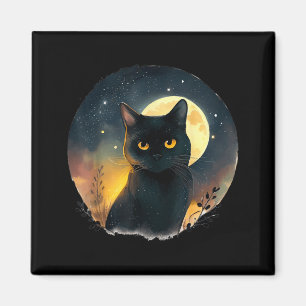 Coole Kunst Grafik Schwarze Katze mit Mond Magnet