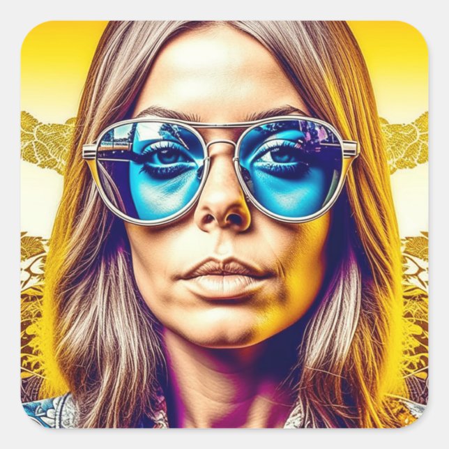Coole Lady in Blauer Sonnenbrille Quadratischer Aufkleber (Vorderseite)