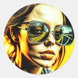 Coole Lady in Sonnenbrille Reflektion einer Straße Runder Aufkleber