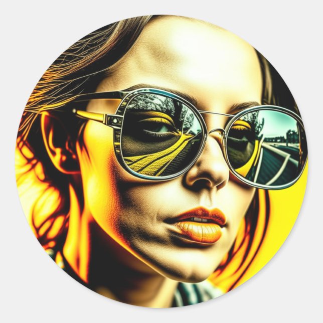 Coole Lady in Sonnenbrille Reflektion einer Straße Runder Aufkleber (Vorderseite)