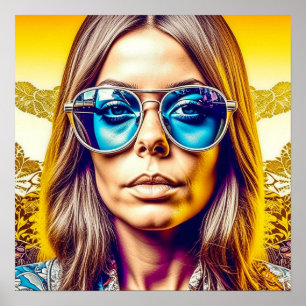 Coole Lady mit blauer Sonnenbrille Poster