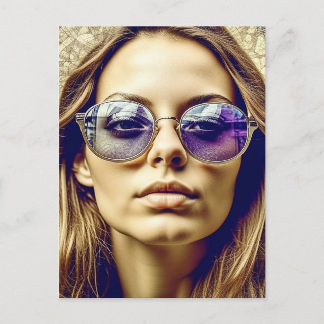 Coole Lady mit Reflektion in ihrer Sonnenbrille Postkarte (Vorderseite)
