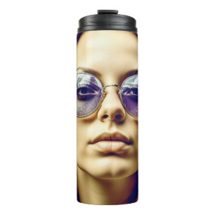 Coole Lady mit Spiegelung in ihrer Sonnenbrille Thermosbecher