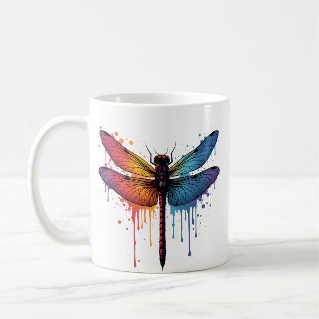 Coole Libelle auf farbenfroh bemalter Libelle Kaffeetasse (Links)
