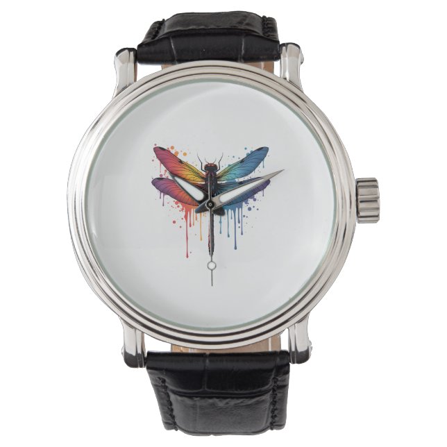 Coole Libelle auf farbenfroh gemalt Drachenfliege Armbanduhr (Vorderseite)